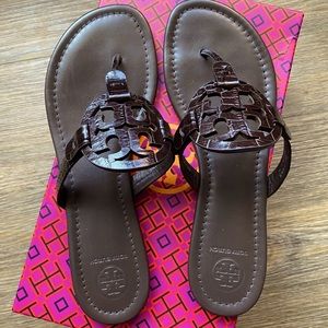 Miller Thong Sandals Croc Embossed Leather.